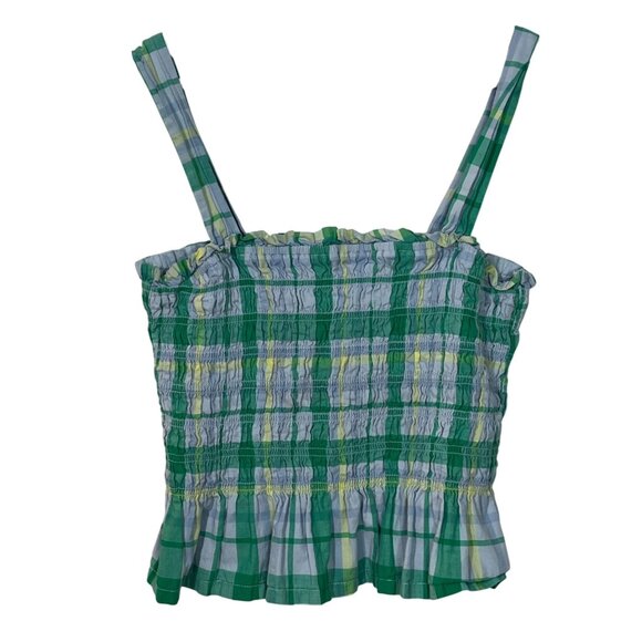 Free Assembly Smocked Plaid Tank Top Women’s Medium Blue Green Sleeveless Cute - Picture 1 of 11